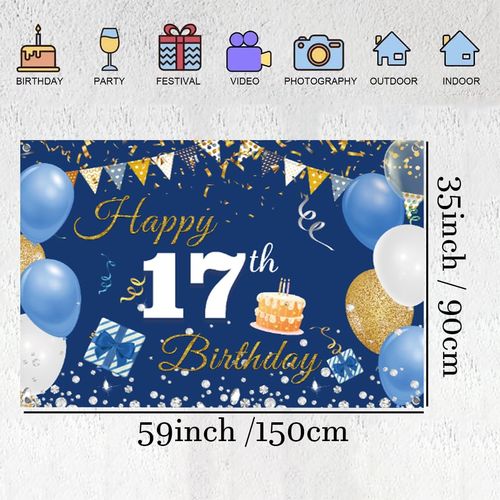 17th Birthday Decorations Happy 17th Birthday Backdrop Banner for Boys/Girls Happy 17 Years Old Fabric Sign Poster, Blue Photography Background 17th Birthday Party Supplies, 59"x35.4"