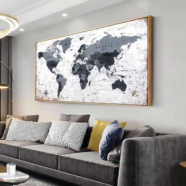 Framed wall art World Map Wall Art Canvas Picture 24inchx48inch Large Black and white Map of The World Canvas Painting Artwork Prints for Office Wall Decor Home Living Room Decorations Framed Ready to