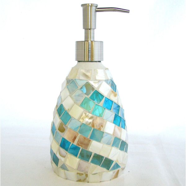 NEW COASTAL COLLECTION BLUE+MOP (MOTHER OF PEARL) GLASS MOSAIC SOAP DISPENSER