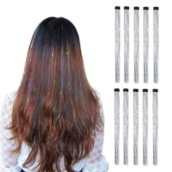 LiaSun 10Pcs/set Highlight Glitter Tinsel Hair Extensions Clip In - Colored Party Sparkling & Shiny Hair Extensions - Multi-Colors Hair Streak Bling Hairpieces (Silver)