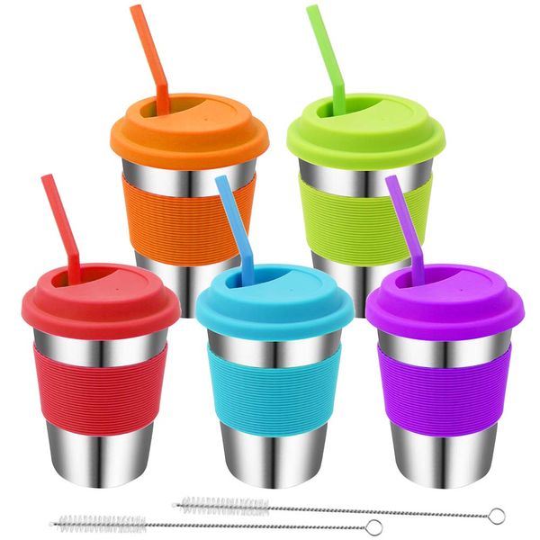 Rommeka Stainless Steel Kids Cups, 5 Pack Colorful Drinking Tumbler Sippy Cup with Silicone Lids and Straws Metal Mugs for Toddlers, Children and Adults - 12oz