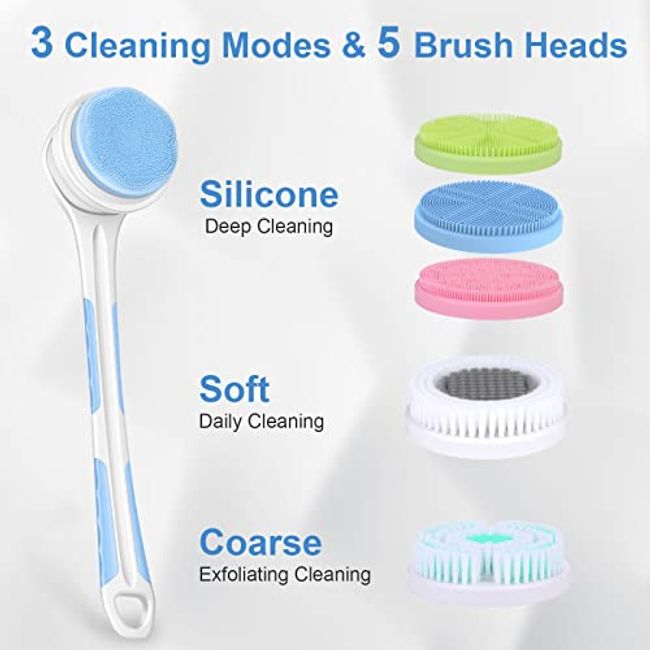 Electric Shower Body Brush 5 in 1 Back Brush Long Handle for Shower Brush  Used for Body Cleaning Exfoliating Massage Body Scrubber with 5 Rotating  Brush Heads(White USB Charging)