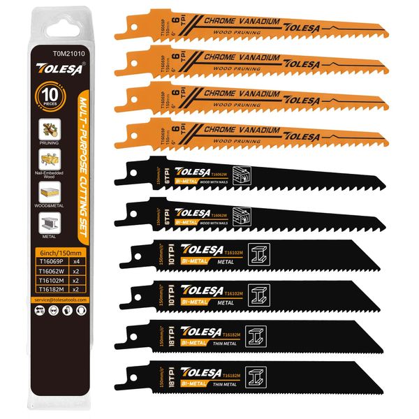 TOLESA Reciprocating Saw Replacement Blades, Bimetal Reciprocating Saw Blades, Metal & Woodworking, Branching, Saver Saw Blade Replacement Blade Set, Storage Case Included, Pack of 10