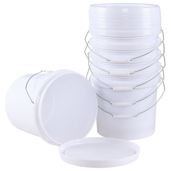 6 Pack White Plastic Bucket w/ Handle & Lid Food Storage Bucket Container, 4 Gal