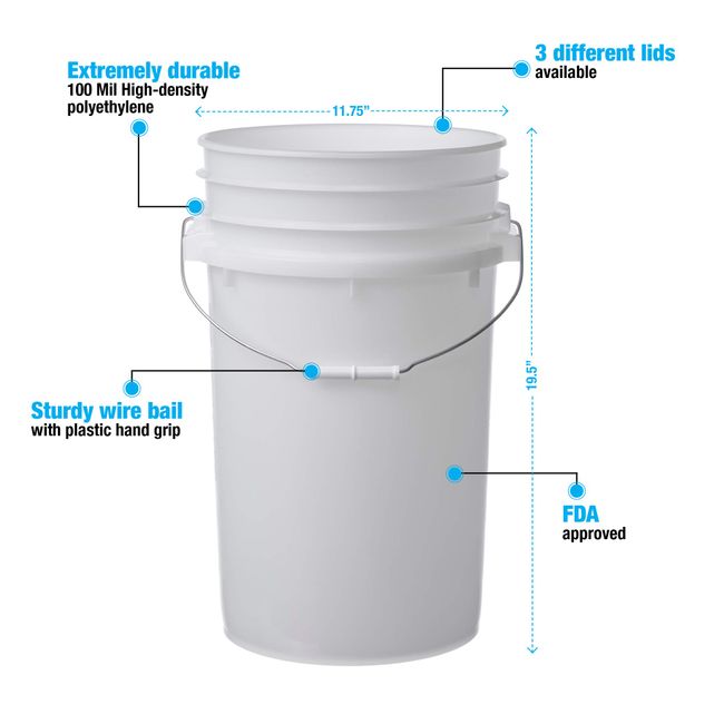 5 Gallon Premium Buckets with Wire Bail, Plastic Grips & Lids