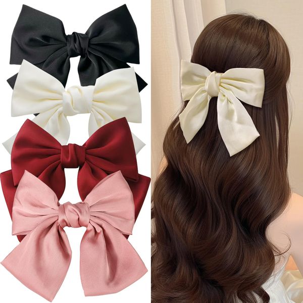 Braleto 4 Pcs Bow Hair Clip, Big Bow Hair Clips with Silky Satin Solid Color French Barrette Bowknot Hairpin Scrunchies Accessories for Women Girls (Black, White, Pink and Red)