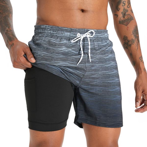 iCKER Badehose Herren Kompression Liner 2 in 1 Badeshorts Board Shorts Schnelltrocknend Strand Beach Shorts,Grau STK270,XXL