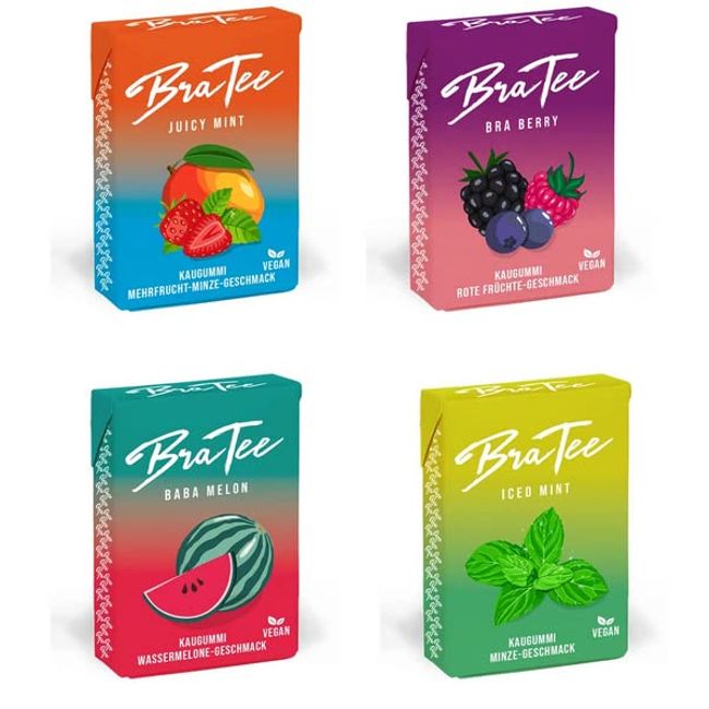 BraTee Vegan Kaugummi alle vier Sorten Mixset Probierset (4 x 23,5g)