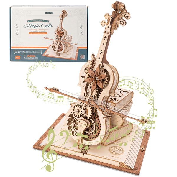 ROKR 3D Puzzle, Magic Cello Mechanical Music Box, Automatic Playing, No Batteries Required, Wooden 3D Wooden Puzzle, Craft Kit, DIY Craft, Assembly, Model, Movable Model, Musical Instrument, Killing