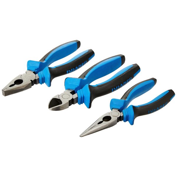 Draper 3 Piece 160mm Plier Set | Soft Grip Hand Tools Kit | Carbon Steel Long Nose Pliers | Combination & Diagonal Side Cutters | Hardened Jaws & Cutting Edges | 45864