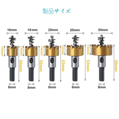 KEWAYO 5 Piece Hole Saw Set, Carbide Hole Saw, 0.6, 0.7, 0.7, 0.8, 0.8, 1.0, 1.2, 1.2 inches (16, 18, 20, 25, 30 mm), HSS High Speed Steel, Metal Alloy, Metal Processing Cutter, Drilling, Drilling