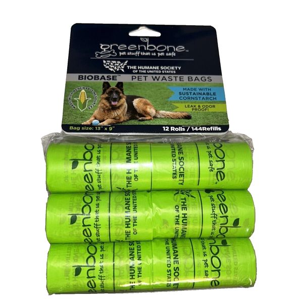 NEW! Greenbone Biobase Pet Waste Bags 12 rolls/ 144 refills 13"x9"