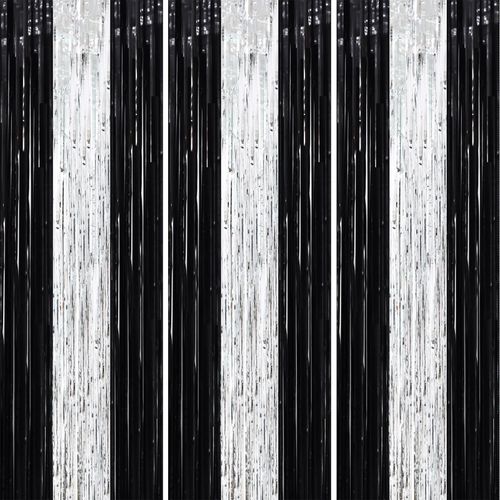 Voircoloria 3 Pack 3.3 x 8.2 ft Black and Silver Foil Fringe Backdrop Curtains, Tinsel Streamers Party Decorations, Fringe Backdrop