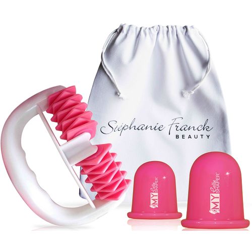 Stephanie Franck Beauty Cellulite Massage Premium - Massage Roller & 2 Cupping Glasses (5.5 & 7 cm) - Set for Smooth Skin & Body Tightening - Includes Cotton Bag, Pink