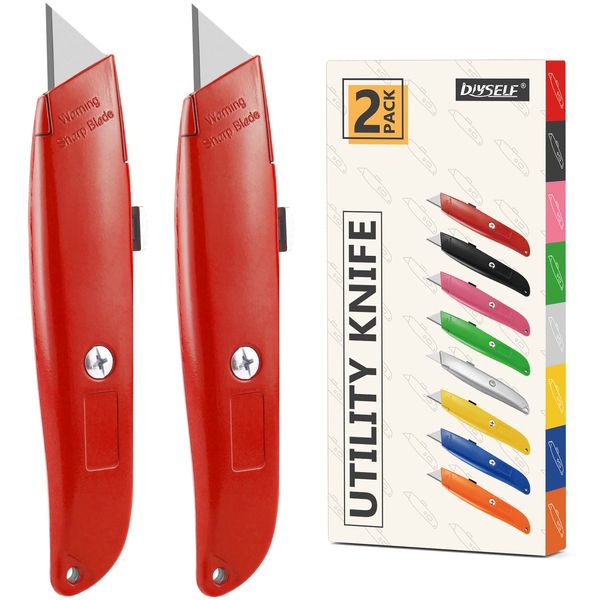 DIYSELF 2Pack Utility Knife Box Cutter Retractable Blade Heavy Duty(Red)