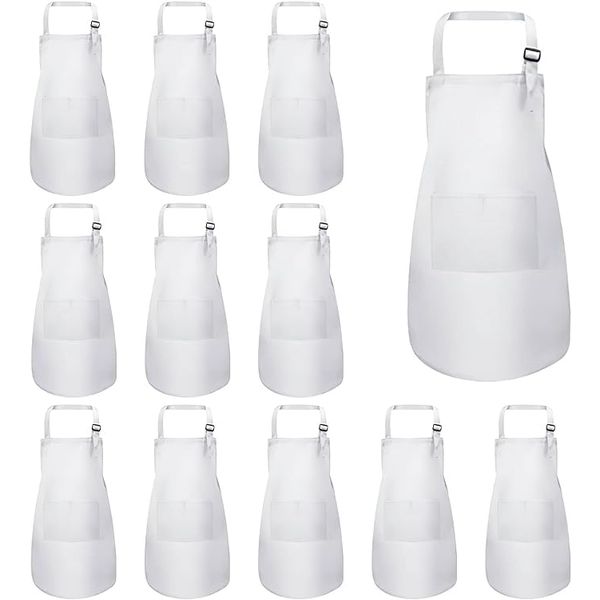 MSYU Kids Apron with Pockets, 12 Pcs White Adjustable Children Kitchen Chef Aprons, Cute Kitchen Aprons Outfits for Painting Cooking Baking Teaching DIY Arts