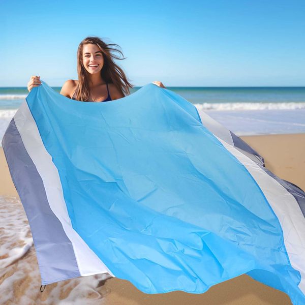 BREENHILL Large Beach Blanket 79"x83" Sandproof Water Resistant Mat for Family (2-4) Lightweight, Portable Outdoor Camping Picnic Blanket(BlueWhiteGray)