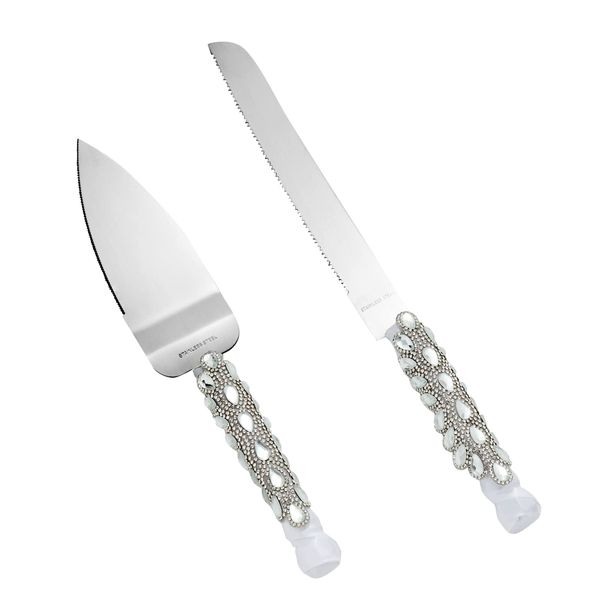 Juvale Stainless Steel Wedding Cake Knife and Server Set for Cake Cutting Ceremony, Embellished with Faux Crystals, Diamonds, Ribbon