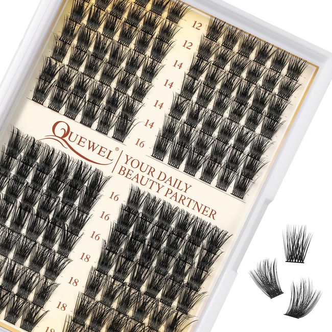 Cluster Lashes QUEWEL Individual Eyelashes 168 Pcs Lash Clusters Thin Band Cluster Eyelash Extensions C Curl MIX12-18mm Volume False Eyelashes Soft & Light For Home Use（QU34 C MIX12-18）