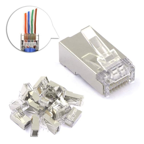 VCE Shielded RJ45 Connector Pass Through Cat6 50 Pack, Ethernet RJ45 Plug for Cat6/Cat5/Cat5e UTP Solid & Stranded Network Cable, Interference-Resistant