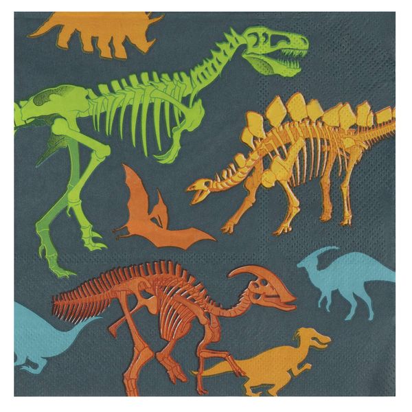 Dino Napkins - 100-Pack Dinosaur Fossil Skeleton Disposable Paper Napkins, Kids Birthday Dinosaur Party Supplies, Luncheon Size Folded 6.5 x 6.5 Inches