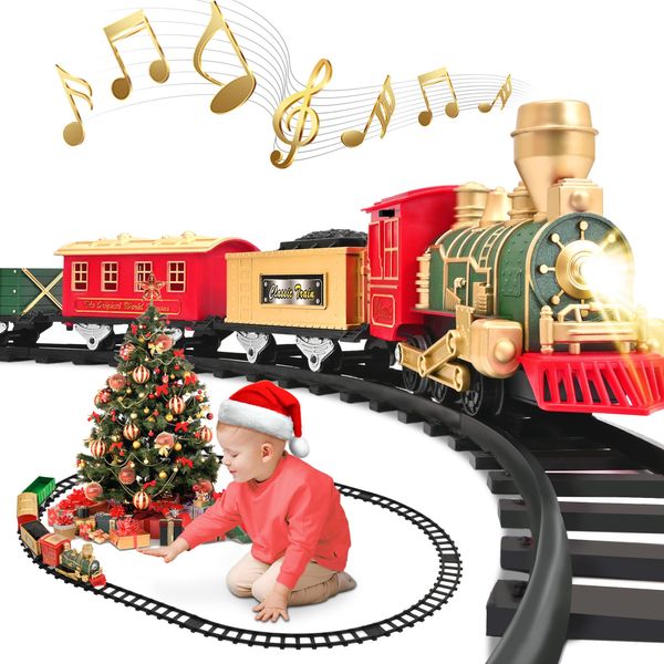 Train Set - Christmas Train Toys, Battery-Powered Locomotive Engine with Sound and Lights, Cargo Cars & 10 Tracks, Toy Train Sets for Boys Age 3 4 5 6.