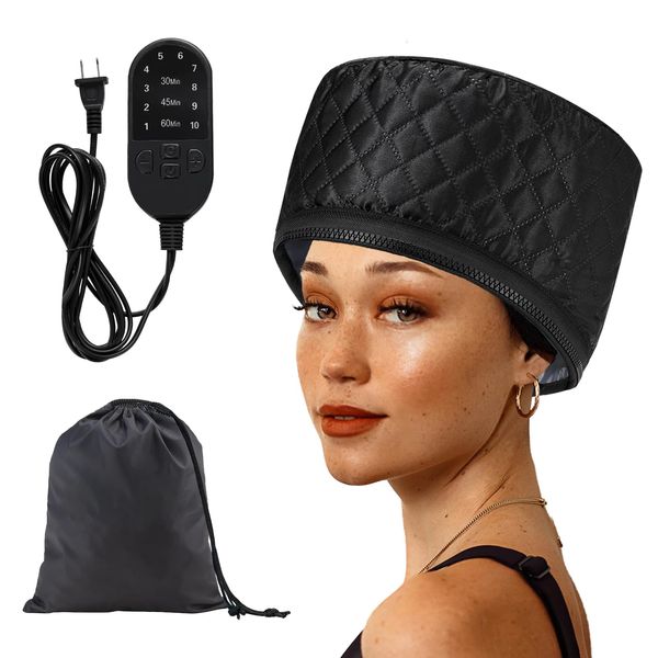 Hair Steamer Heat Cap for Deep Conditioning, Thermal Steam Cap for Natural Hair Home Use with 10 Modes 3 Timer Settings All Black Extended Cord for Spa Hair Care, Black