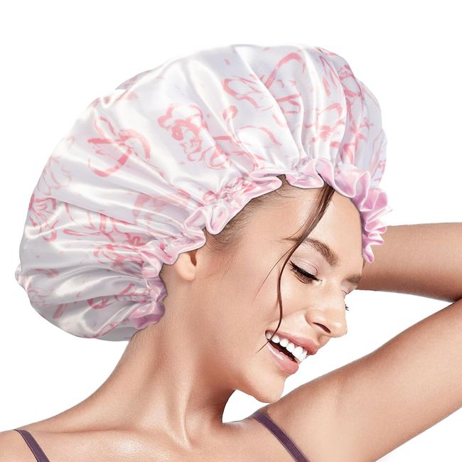 Aquior Shower Caps, Reusable Shower Cap for Women, Double Layer Waterproof Hair Cap, Large Size for All Hair Lengths (Pink-Lineflower)