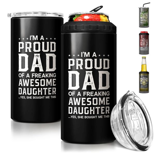 SANDJEST 4-in-1 Dad Tumbler Gifts for Dad from Daughter - 12oz Funny Proud Dad Can Cooler Tumblers Cup - Stainless Steel Insulated Cans Coozie Travel Mug Christmas, Birthday, Father's Day Gift