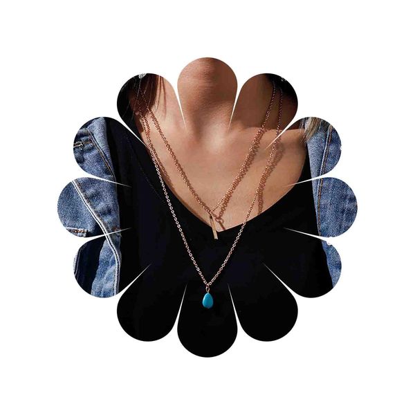 TseanYi Boho Teardrop Turquoise Neckalce Layered Turquoise Pendant Neckalce Gold Bar Pendant Necklace Vintage Layering Turquoise Water drop Necklace Jewelry for Women