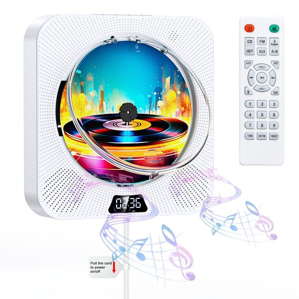 KOVCDVI CD Player, Wall Mount & Tabletop, Bluetooth Reception / Transmit, Portable CD Player, Built-in Speaker, Supports 5 Modes such as Bluetooth/CD/FM/USB/AUX, TF Card Compatible, A-B Repeat Playback, Timer Function, Music Listening, Language Learning, 