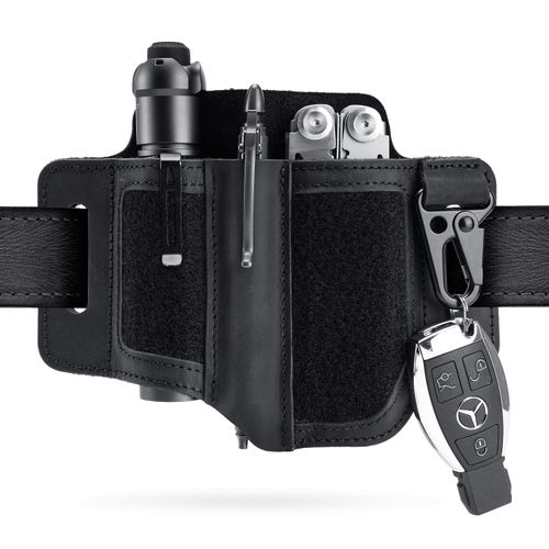 VIPERADE PL3 EDC Leather Sheath for Belt,Multitool Sheath with Velcro Area,EDC Pocket Organizer for Men,Flashlight Holster with Pen Holder,Multitool Holster Belt Organiser with Key Holder(B-Black)