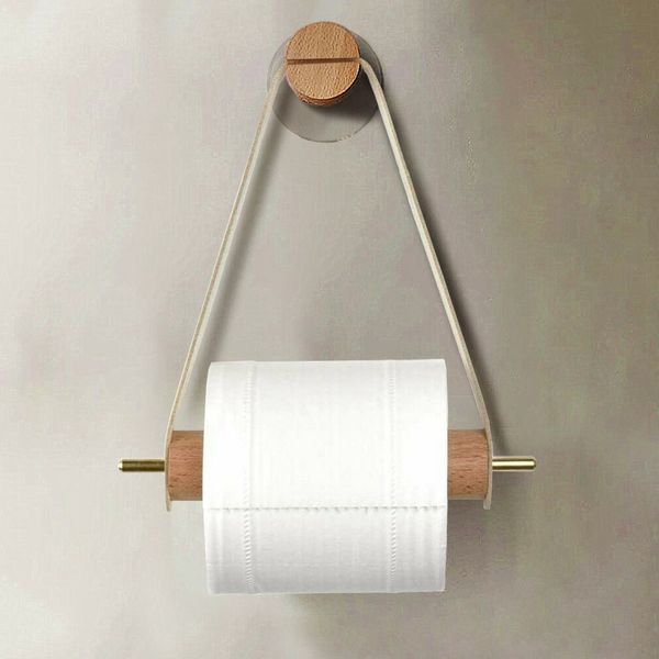 Mutagong Wooden Leather Belt Toilet Paper Holder