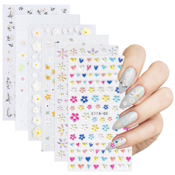 ZOCONE 6 Blatt Nagelsticker Blumen 3D Selbstklebend Nagel Stickers Blumen Klein Nagel Aufkleber Herz 3D Nail Art Sticker Sommer Nailart Sticker Flowers Dekoration Nageldesign Zubehör