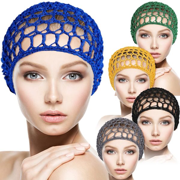 5Pcs Crochet Hair Net,Crocheted Thick Short Hair Net Cap,Women Mesh Hair Net,Rayon Knit Snood Hat,Women Hairnet Snoods Cover Ornament for Sleeping,Women Hair Accessories(Black,Blue,Gray,Yellow,Green)