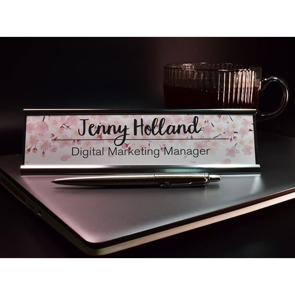 Badgemaster Personalised Pink Cherry Blossom Desk Plaque with Black Name and Job Title Gold Silver Black Stand Modern Stylish Desk Accessories