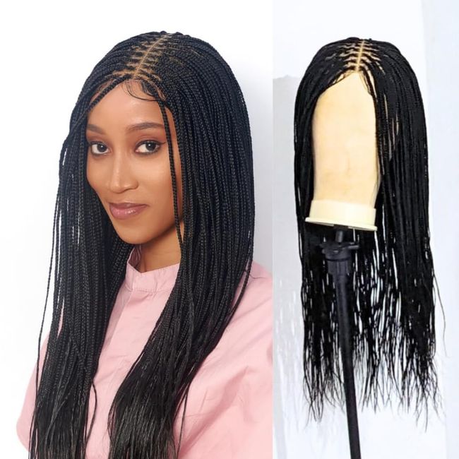 Wow Braids Box Braid Wig - Micro Knotless Braided Wigs For Black Women, With 360 Glueless Full Swiss Lace Cap,& Human Baby Hair Frontal, Synthetic Long Neat African Handmade Braiding - 18" / Black