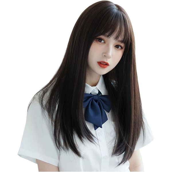 Long Straight Wig, Semi-Long, Black Hair, Crossdressing, Full Wig, Lolita Cosplay Wig, Small Face, Natural, Heat Resistant, Net Gift Box Included (Black Brown)