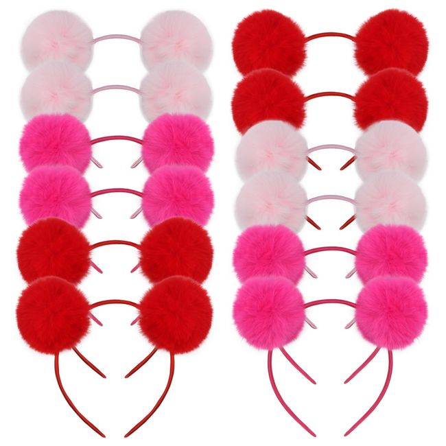 HODRME 12 Pieces Fluffy Pom Ball Headband Set-Cute Furry Bear Ears Headwear for Halloween Cosplay Costume Party (Light Pink+Rose+Red)