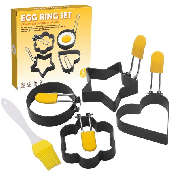 Komost Egg Rings Set of 4 with Oil Brush, Non-Stick Stainless Steel Different Shapes Pancake Mold with Silicone Handle for Perfect Egg Shapers, Frying Egg, Omelette, Sandwich