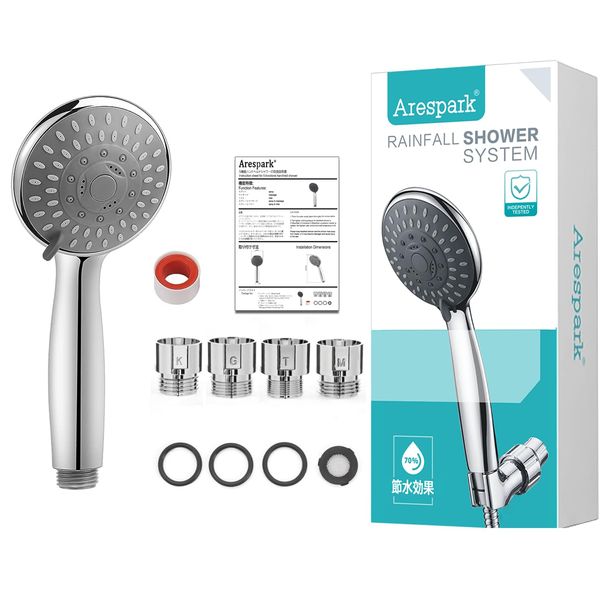 Arespark Water Saving Shower Head, 5 Stair Modes, High Water Pressure Handheld Shower Head, 4.1 inches (10.5 cm), Chrome Rain Bathroom Shower Head, High Pressure Shower Head, High Cleaning, Bath, Bath