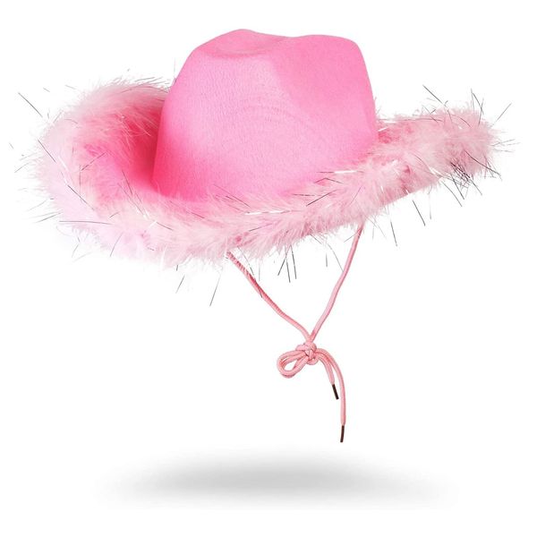 Juvolicious Cowboy Hats for Women and Men - Fluffy, Sparkly Pink Cowgirl Hat with Feathers for Costume, Dress Up Birthday, Bachelorette Party Accessories (Western Style)