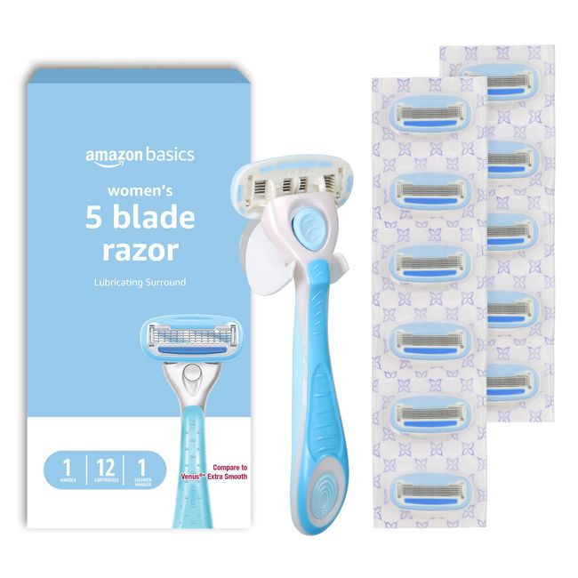 Amazon Basics 5-Blade Razor for Women, Handle, 12 Cartridges & Shower Hanger, Cartridges Fit Amazon Basics Razor Handles only, 14 Piece Set, Blue (Previously Solimo)