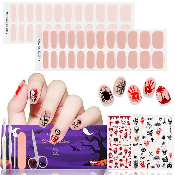 EBANKU 55Pcs Halloween Semi-Cured Gel Nail Strips Set, Gel Nail Strips Nail Stickers DIY Decoration Kit for Halloween Women Girl Gift, Gel Wraps for Nails Stickers with Supporting Tool(Bleeding)