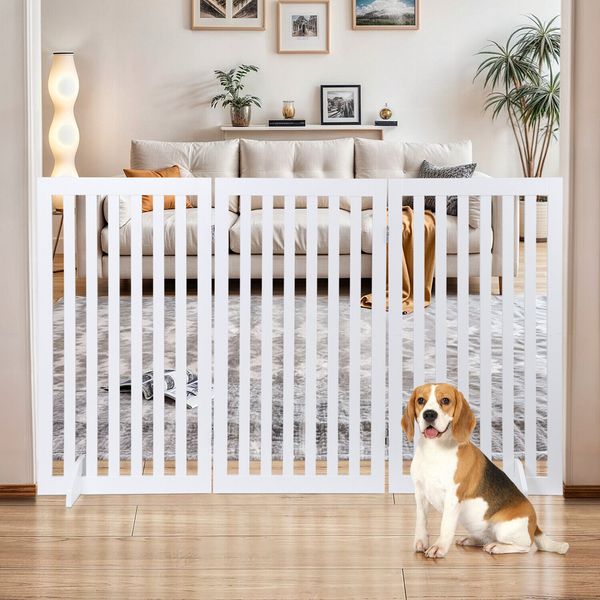 No-Assembly Wooden Freestanding Pet Dog Gate Step Over Foldable Indoor Use White