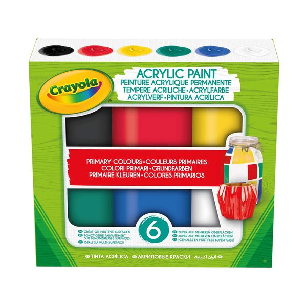 CRAYOLA 6 Acrylic Tempera Paints, Sunset Colours in Resealable Jars Ready to Use for School and Leisure Primary Colours /