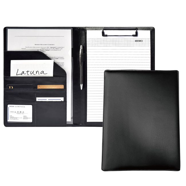 Latuna Binder A4 Leather Clipboard File Folio Gift Clip Gift PU Business Card Holder Multi-functional Pen Holder with Pocket (Black, Cowhide Leather)