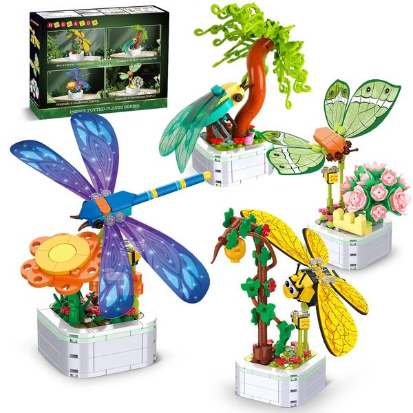 HOGOKIDS Insect Collection Building Set - 4 Packs Bug Building Toys, 830PCS Butterfly Dragonfly Bee Potted Flowers Display Model Home Plant Decor Anniversary Birthday Gift for Adults Kids Girls 6+