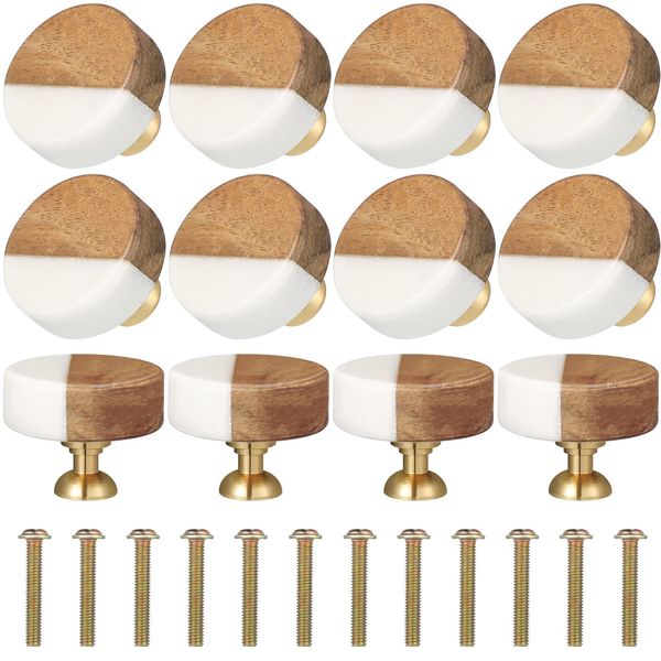 White Marble Stone Cabinet Knobs Wood Drawer Knobs Modern Dresser Cabinet Knobs Round Dresser Pull Handle Hardware Decorative Wood Drawer Small Furniture Knobs for Cupboard Cabinet Desk (12 Pcs)