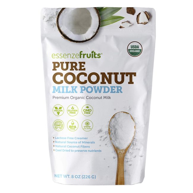 Essenzefruits Pure Organic Coconut Milk Powder - Premium Maltodextrin Free, No Sugar Added, Dairy Free, USDA Organic, Vegan, Keto & Paleo Friendly, No Additives, Pre Biotic Fibers, 27 Servings - 8 Oz